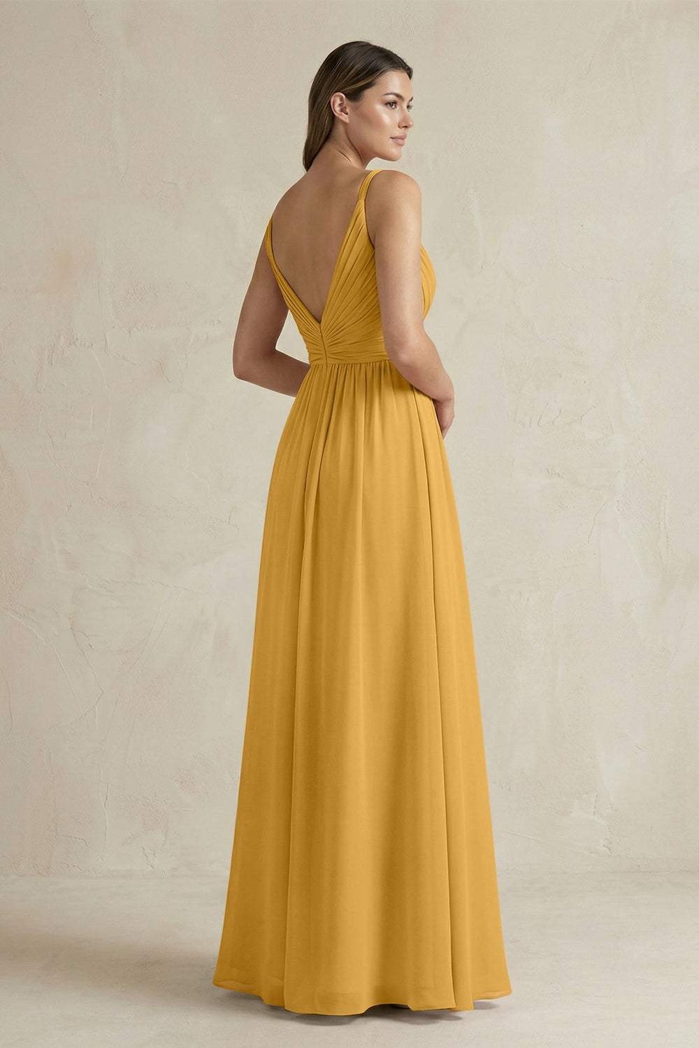 V - Neck Pleated A - Line Chiffon Bridesmaid Dress in Marigold - KISS BRIDAL Bridesmaid Dresses