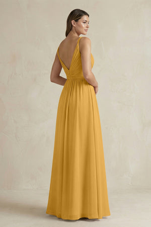 V - Neck Pleated A - Line Chiffon Bridesmaid Dress in Marigold - SHE IS ME Bridesmaid Dresses