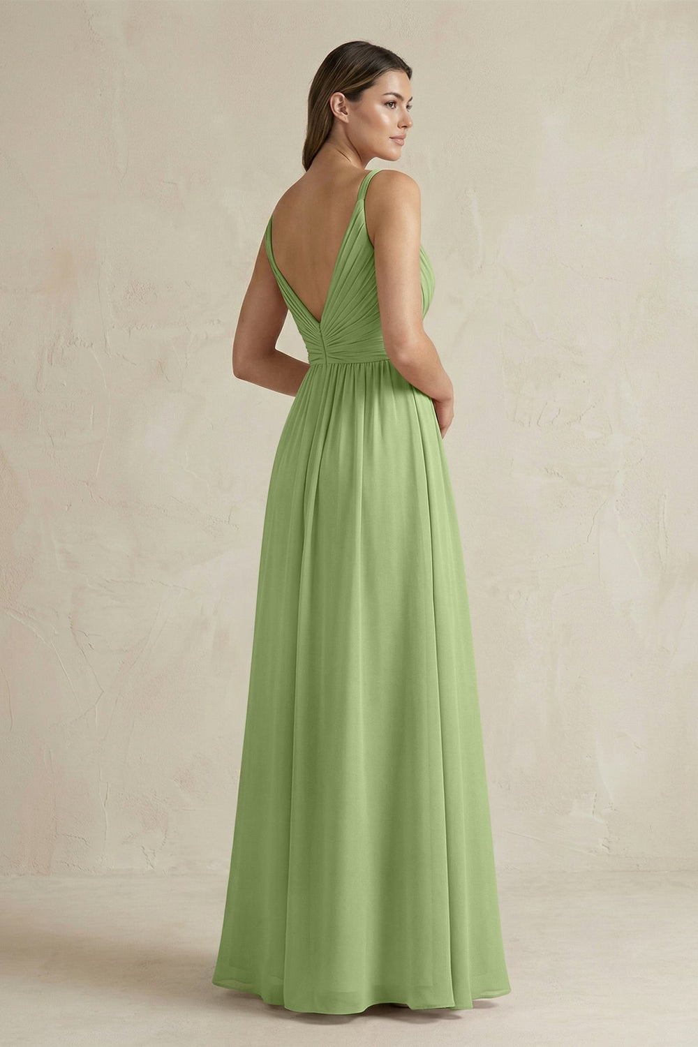 V - Neck Pleated A - Line Chiffon Bridesmaid Dress in Matcha - KISS BRIDAL Bridesmaid Dresses