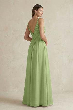 V - Neck Pleated A - Line Chiffon Bridesmaid Dress in Matcha - SHE IS ME Bridesmaid Dresses