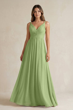 V - Neck Pleated A - Line Chiffon Bridesmaid Dress in Matcha - SHE IS ME Bridesmaid Dresses