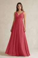 V - Neck Pleated A - Line Chiffon Bridesmaid Dress in Merlot - SHE IS ME Bridesmaid Dresses
