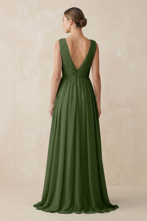 V-Neck Pleated A-Line Chiffon Bridesmaid Dress in Moss (2) | KISSBRIDAL