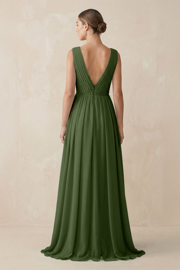 V-Neck Pleated A-Line Chiffon Bridesmaid Dress in Moss (2) | KISSBRIDAL