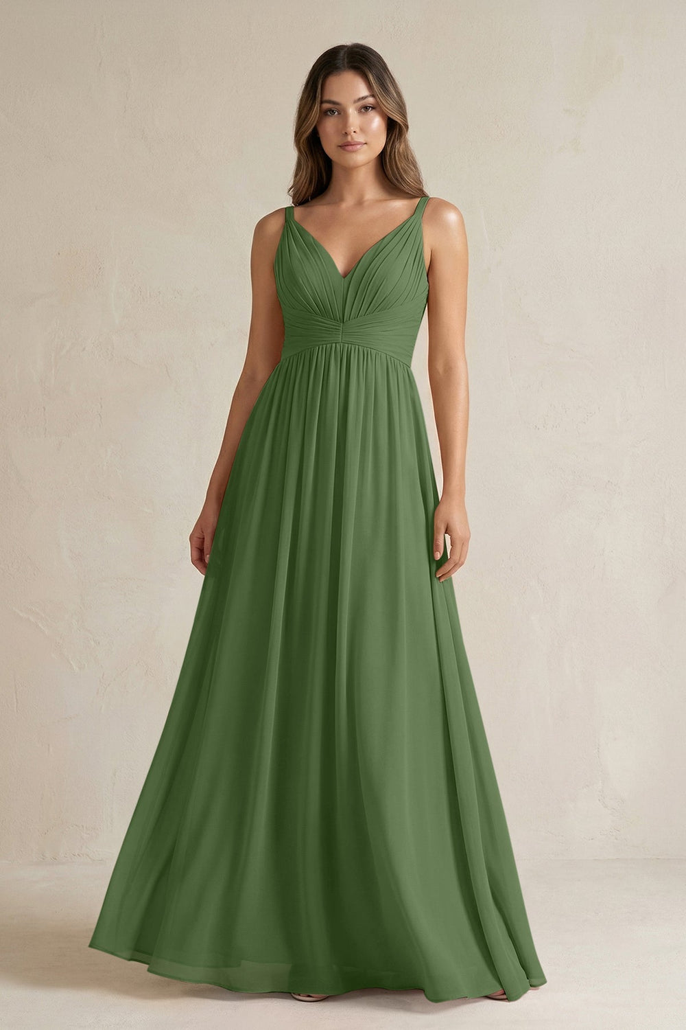 V - Neck Pleated A - Line Chiffon Bridesmaid Dress in Moss - KISS BRIDAL Bridesmaid Dresses