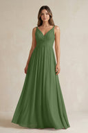 V - Neck Pleated A - Line Chiffon Bridesmaid Dress in Moss - SHE IS ME Bridesmaid Dresses