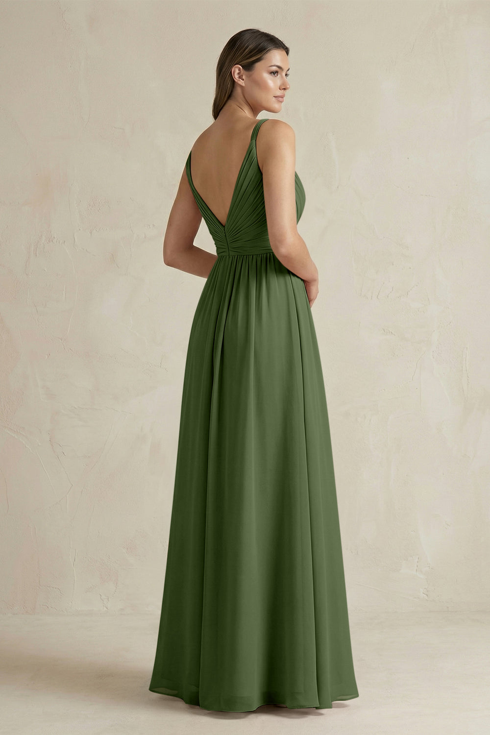 V-Neck Pleated A-Line Chiffon Bridesmaid Dress in Moss