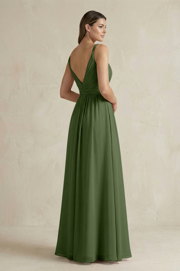 V-Neck Pleated A-Line Chiffon Bridesmaid Dress in Moss (2) | KISSBRIDAL