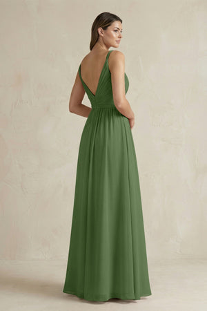 V - Neck Pleated A - Line Chiffon Bridesmaid Dress in Moss - SHE IS ME Bridesmaid Dresses