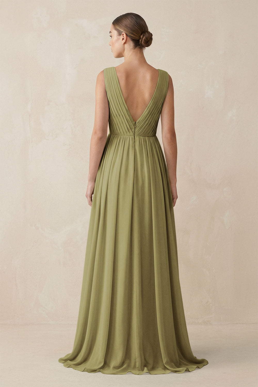 V-Neck Pleated A-Line Chiffon Bridesmaid Dress in Moss Green