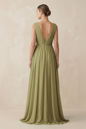 V-Neck Pleated A-Line Chiffon Bridesmaid Dress in Moss Green (2) | KISSBRIDAL