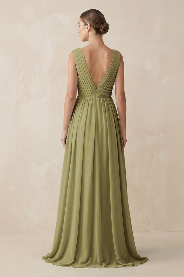 V-Neck Pleated A-Line Chiffon Bridesmaid Dress in Moss Green (2) | KISSBRIDAL