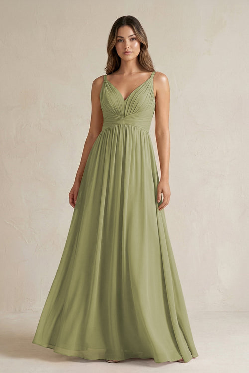 V - Neck Pleated A - Line Chiffon Bridesmaid Dress in Moss Green - SHE IS ME Bridesmaid Dresses