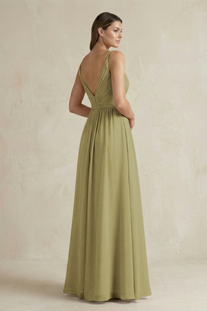V-Neck Pleated A-Line Chiffon Bridesmaid Dress in Moss Green (2) | KISSBRIDAL