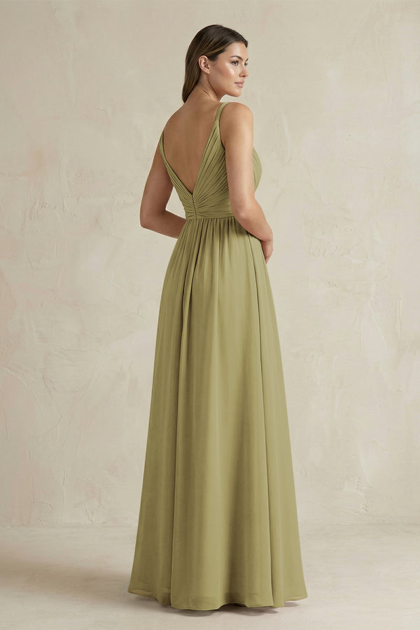 V-Neck Pleated A-Line Chiffon Bridesmaid Dress in Moss Green (2) | KISSBRIDAL