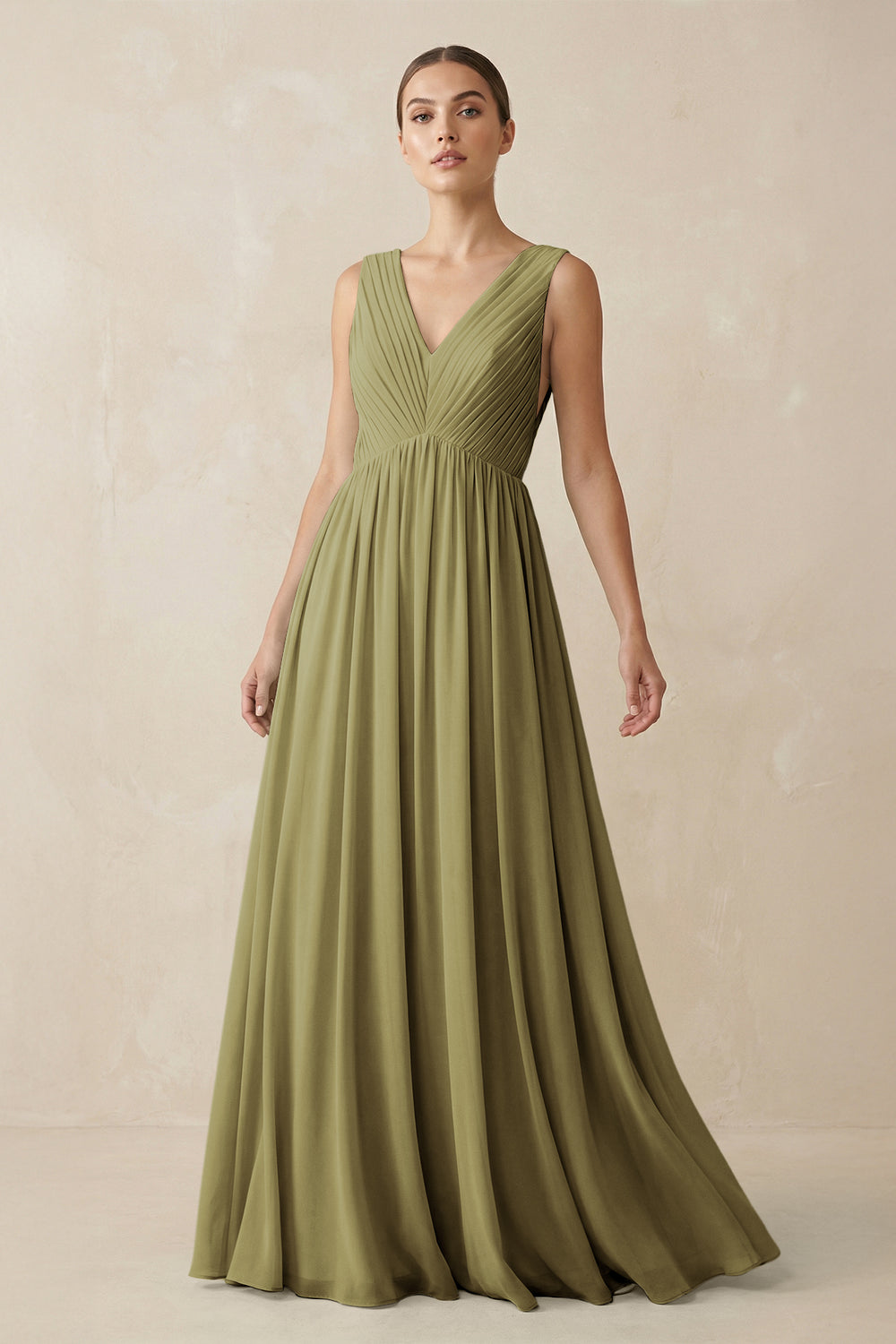 V-Neck Pleated A-Line Chiffon Bridesmaid Dress in Moss Green