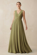 V-Neck Pleated A-Line Chiffon Bridesmaid Dress in Moss Green | KISSBRIDAL