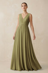 V-Neck Pleated A-Line Chiffon Bridesmaid Dress in Moss Green | KISSBRIDAL