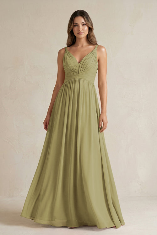 V-Neck Pleated A-Line Chiffon Bridesmaid Dress in Moss Green | KISSBRIDAL