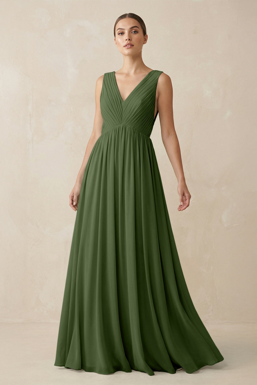 V-Neck Pleated A-Line Chiffon Bridesmaid Dress in Moss