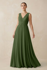 V-Neck Pleated A-Line Chiffon Bridesmaid Dress in Moss | KISSBRIDAL