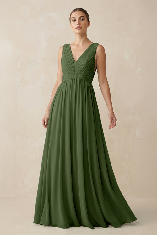 V-Neck Pleated A-Line Chiffon Bridesmaid Dress in Moss | KISSBRIDAL