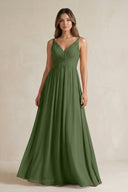 V-Neck Pleated A-Line Chiffon Bridesmaid Dress in Moss | KISSBRIDAL