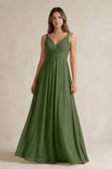 V-Neck Pleated A-Line Chiffon Bridesmaid Dress in Moss | KISSBRIDAL