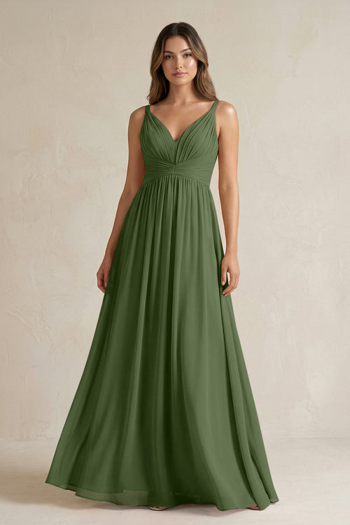 V-Neck Pleated A-Line Chiffon Bridesmaid Dress in Moss | KISSBRIDAL