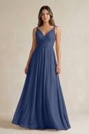 V - Neck Pleated A - Line Chiffon Bridesmaid Dress in Navy - SHE IS ME Bridesmaid Dresses