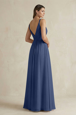 V - Neck Pleated A - Line Chiffon Bridesmaid Dress in Navy - SHE IS ME Bridesmaid Dresses
