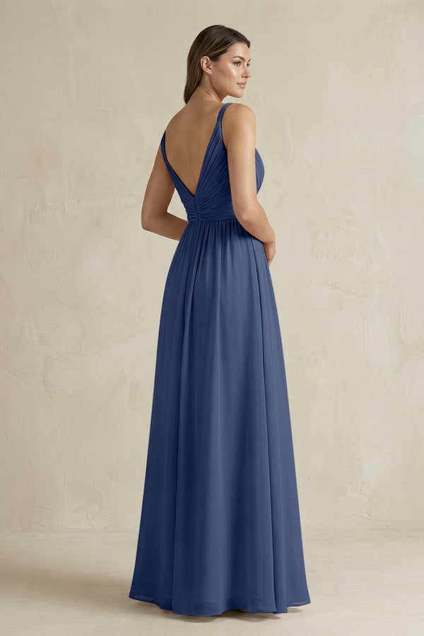 V - Neck Pleated A - Line Chiffon Bridesmaid Dress in Navy - SHE IS ME Bridesmaid Dresses