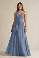 V - Neck Pleated A - Line Chiffon Bridesmaid Dress in Neptune - SHE IS ME Bridesmaid Dresses