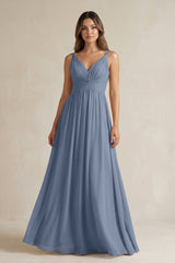 V - Neck Pleated A - Line Chiffon Bridesmaid Dress in Neptune - KISS BRIDAL Bridesmaid Dresses