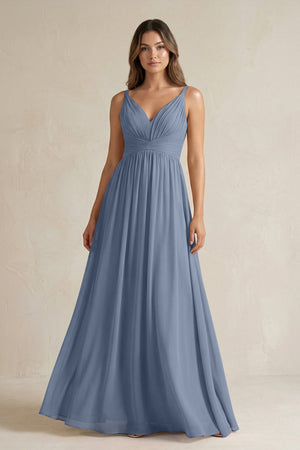 V - Neck Pleated A - Line Chiffon Bridesmaid Dress in Neptune - SHE IS ME Bridesmaid Dresses