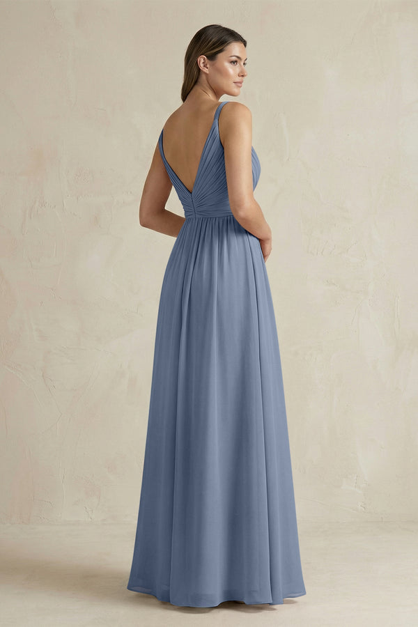 V - Neck Pleated A - Line Chiffon Bridesmaid Dress in Neptune - SHE IS ME Bridesmaid Dresses