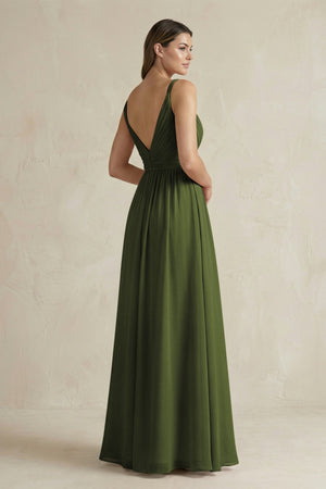 V - Neck Pleated A - Line Chiffon Bridesmaid Dress in Olive - SHE IS ME Bridesmaid Dresses