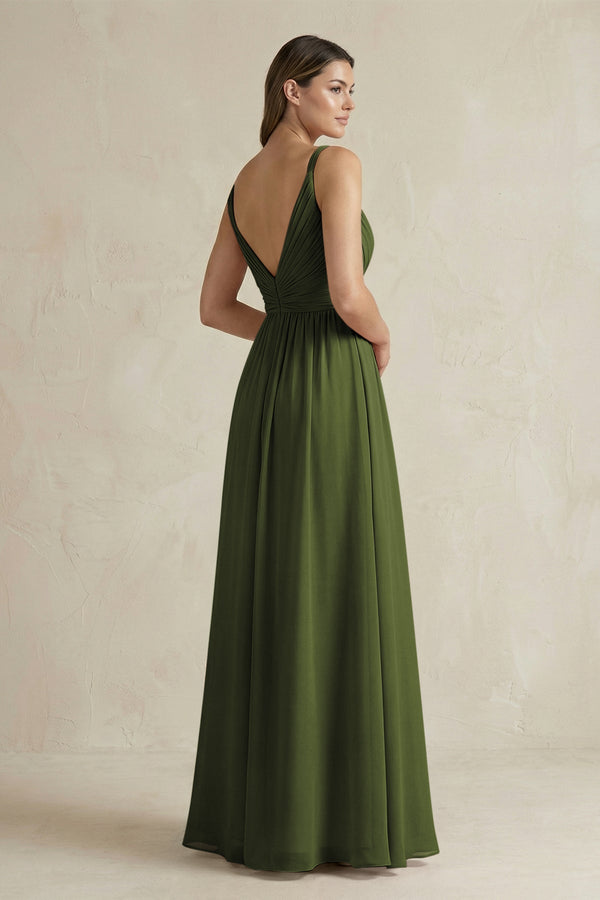 V - Neck Pleated A - Line Chiffon Bridesmaid Dress in Olive - SHE IS ME Bridesmaid Dresses