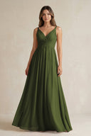 V - Neck Pleated A - Line Chiffon Bridesmaid Dress in Olive - SHE IS ME Bridesmaid Dresses