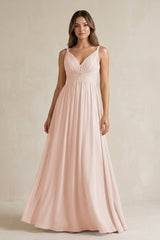 V - Neck Pleated A - Line Chiffon Bridesmaid Dress in Pale Blush - KISS BRIDAL Bridesmaid Dresses