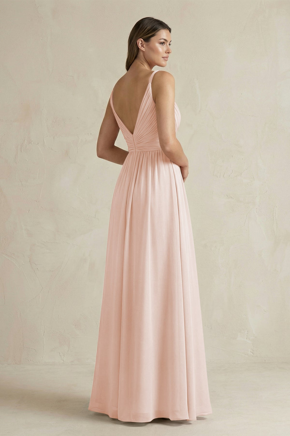 V - Neck Pleated A - Line Chiffon Bridesmaid Dress in Pale Blush - KISS BRIDAL Bridesmaid Dresses