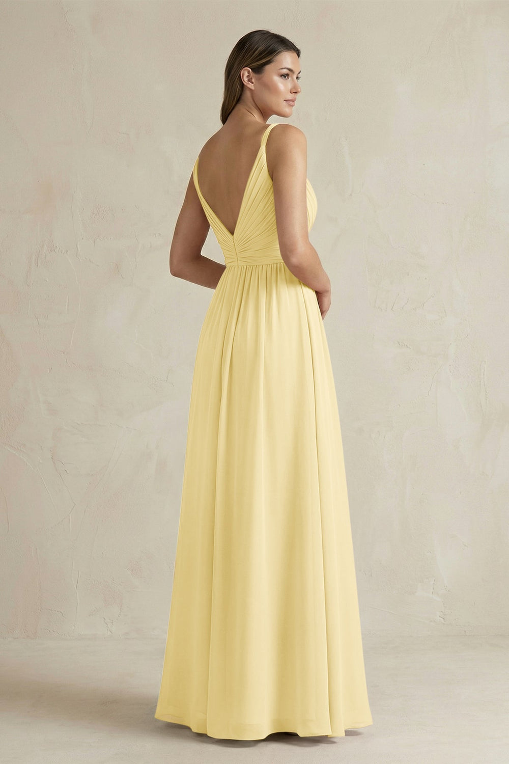 V - Neck Pleated A - Line Chiffon Bridesmaid Dress in Pastel Yellow - KISS BRIDAL Bridesmaid Dresses