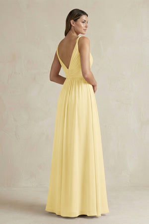 V - Neck Pleated A - Line Chiffon Bridesmaid Dress in Pastel Yellow - SHE IS ME Bridesmaid Dresses