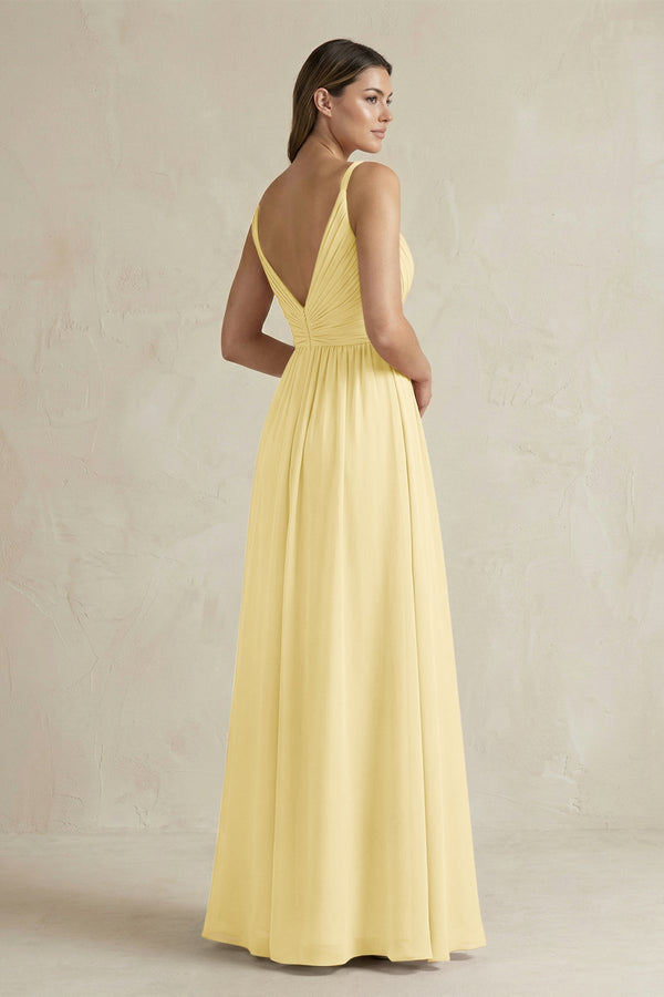 V - Neck Pleated A - Line Chiffon Bridesmaid Dress in Pastel Yellow - SHE IS ME Bridesmaid Dresses