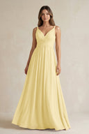 V - Neck Pleated A - Line Chiffon Bridesmaid Dress in Pastel Yellow - SHE IS ME Bridesmaid Dresses
