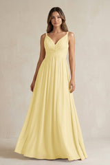 V - Neck Pleated A - Line Chiffon Bridesmaid Dress in Pastel Yellow - KISS BRIDAL Bridesmaid Dresses