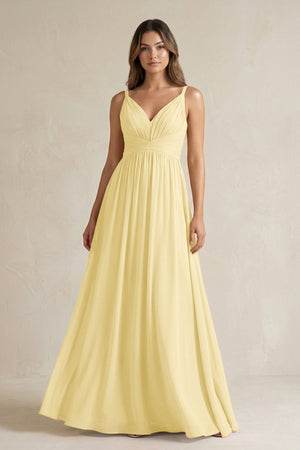 V - Neck Pleated A - Line Chiffon Bridesmaid Dress in Pastel Yellow - SHE IS ME Bridesmaid Dresses