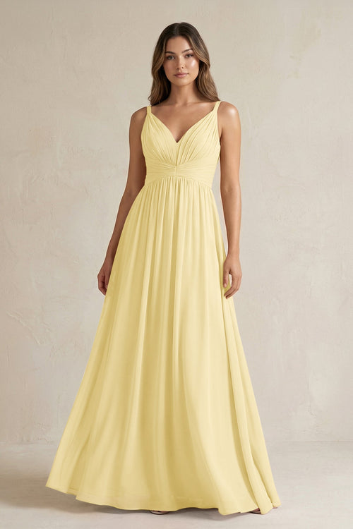 V - Neck Pleated A - Line Chiffon Bridesmaid Dress in Pastel Yellow - SHE IS ME Bridesmaid Dresses