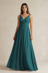 V - Neck Pleated A - Line Chiffon Bridesmaid Dress in Pine - KISS BRIDAL Bridesmaid Dresses