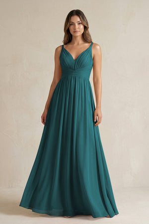 V - Neck Pleated A - Line Chiffon Bridesmaid Dress in Pine - SHE IS ME Bridesmaid Dresses